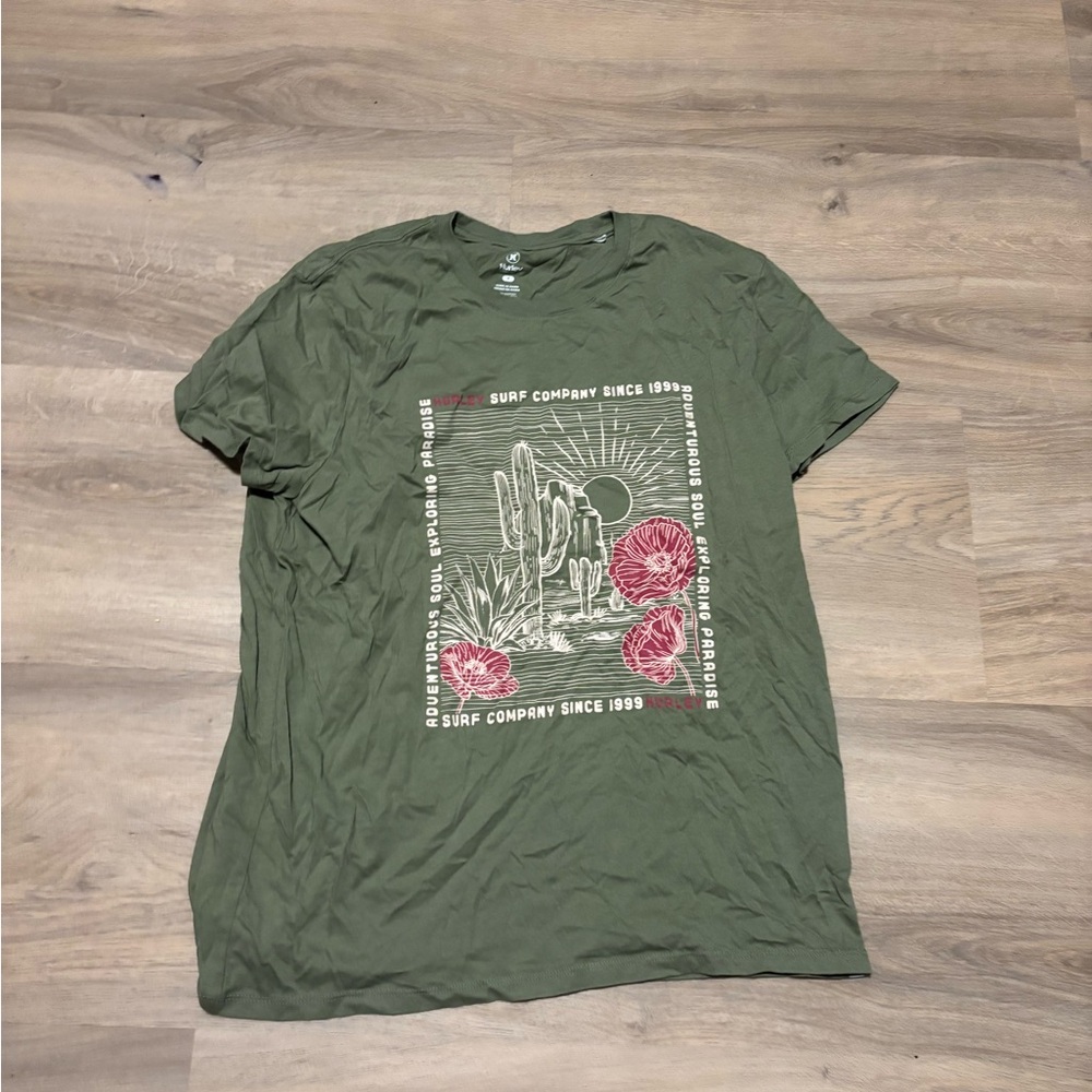 Hurley Olive Green Tee with Pink Floral Desert Graphic